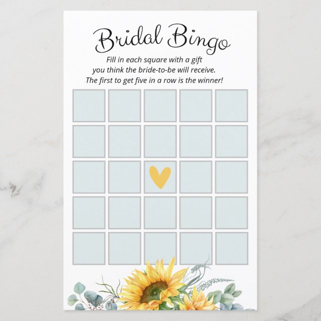 Watercolor Sunflower Bridal Shower Bingo Game (Front)