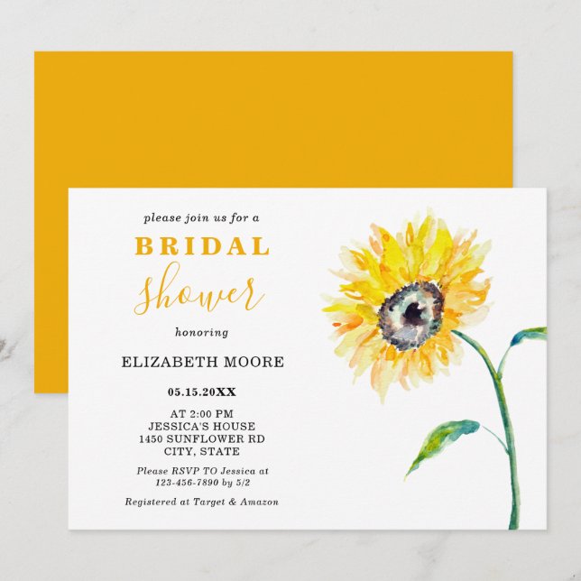 Watercolor sunflower Bridal shower elegant simple Invitation (Front/Back)