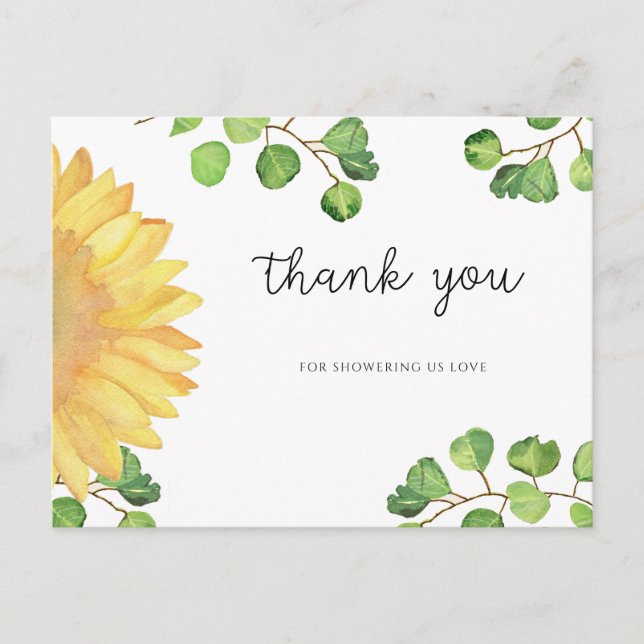 Watercolor Sunflower bridal shower thank you card (Front)