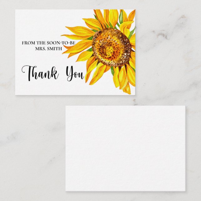 Watercolor Sunflower bridal shower thank you card (Front/Back)