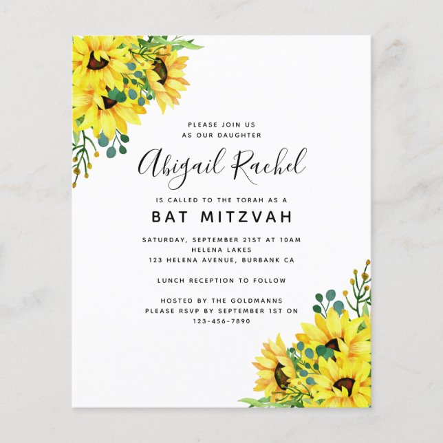 Watercolor Sunflower Budget Bat Mitzvah Invitation (Front)