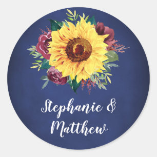 Watercolor Sunflower Burgundy Rose Navy Wedding Classic Round Sticker