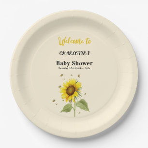Watercolor Sunflower & Butterflies Baby Shower Paper Plate