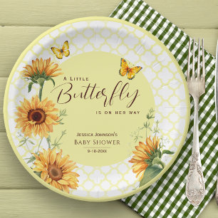 Watercolor Sunflower Butterfly Baby Shower Paper Plate
