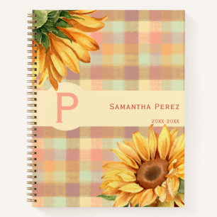 Watercolor Sunflower Country Plaid Monogram Notebook