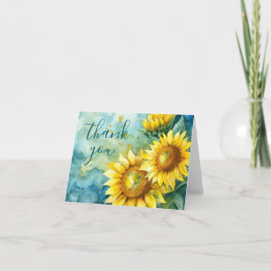 Watercolor Sunflower Dark Teal Thank You Card