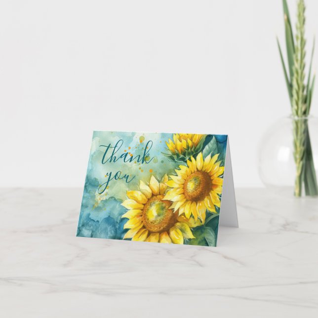 Watercolor Sunflower Dark Teal Thank You Card (Front)