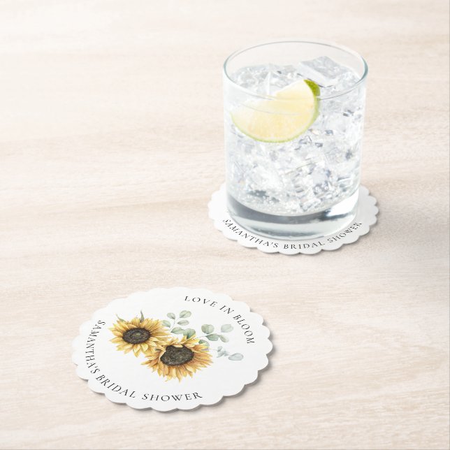 Watercolor Sunflower Eucalyptus Bridal Shower Paper Coaster (Insitu)
