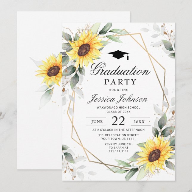 Watercolor Sunflower Eucalyptus  Graduation Party  Invitation (Front/Back)