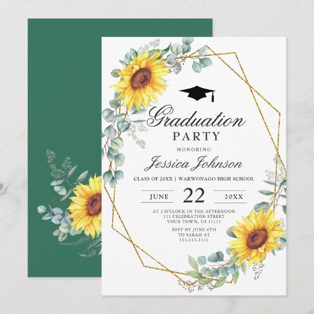 Watercolor Sunflower Eucalyptus  Graduation Party Invitation (Front/Back)