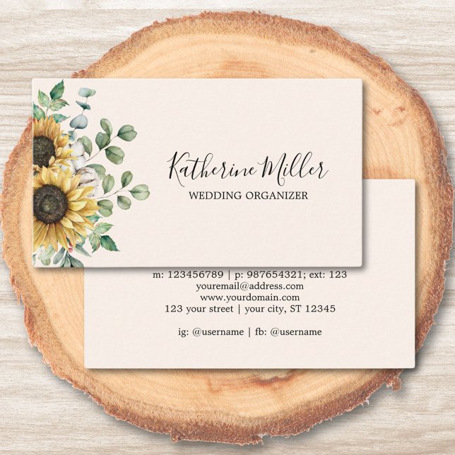 Watercolor Sunflower Eucalyptus Rustic Business Card (In situ wood table)