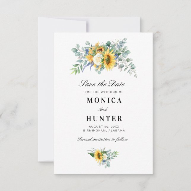 watercolor sunflower eucalyptus save the date card (Front)
