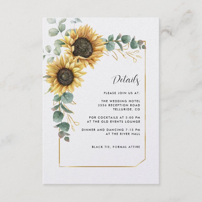 Watercolor Sunflower Eucalyptus Wedding Details Enclosure Card (Front)