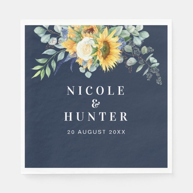 Watercolor sunflower eucalyptus wedding  napkin (Front)