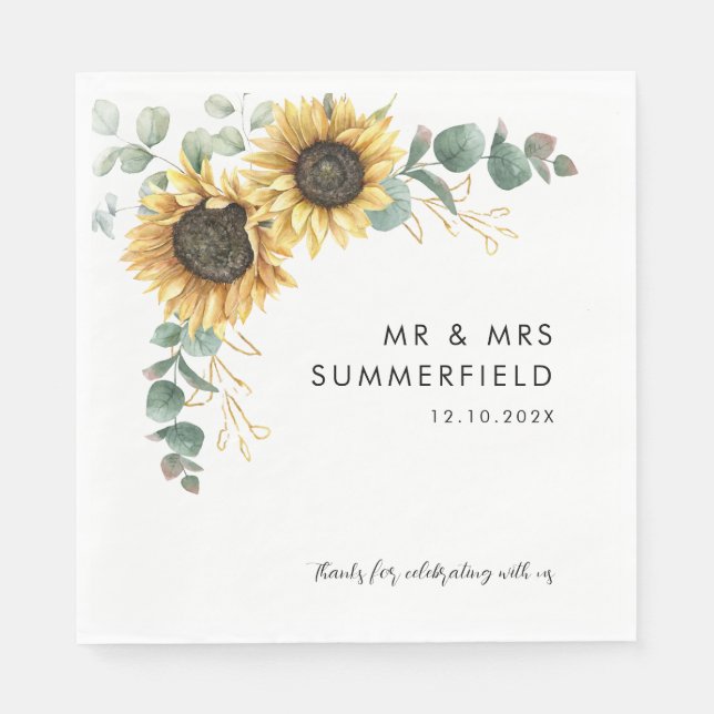 Watercolor Sunflower Eucalyptus Wedding Paper Napkin (Front)