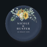 Watercolor sunflower eucalyptus wedding  paper plate<br><div class="desc">A rustic sunflower design with a navy blue background colour with watercolor white peony rose and sunflowers. The text details and colours can be edited.</div>