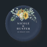 Watercolor sunflower eucalyptus wedding  paper plate<br><div class="desc">A rustic sunflower design with a navy blue background colour with watercolor white peony rose and sunflowers. The text details and colours can be edited.</div>