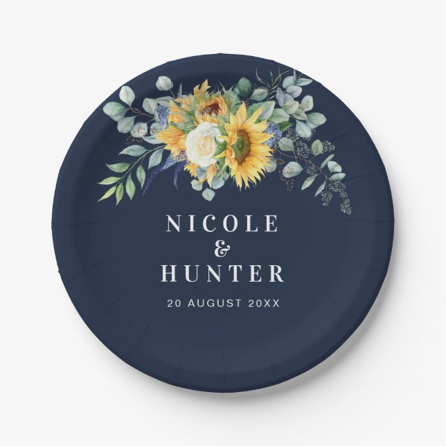 Watercolor sunflower eucalyptus wedding  paper plate (Front)
