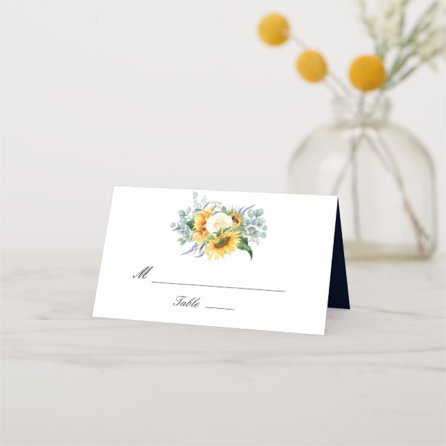 Watercolor sunflower eucalyptus wedding place card (Front)