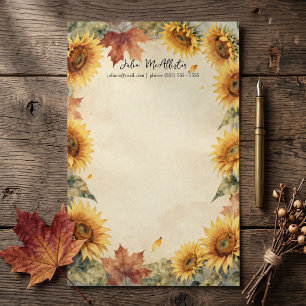 Watercolor Sunflower Fall Leaves Vintage Parchment Stationery