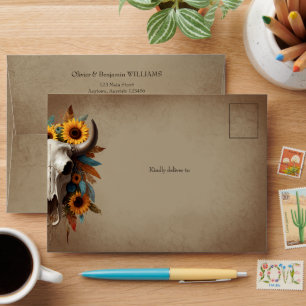 Watercolor Sunflower feather Cow Skull Wedding Envelope