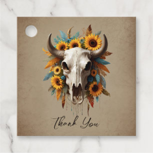 Watercolor Sunflower Feather Cow Skull Wedding Favour Tags