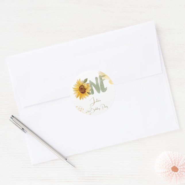 Watercolor sunflower first Birthday Classic Round Sticker (Envelope)