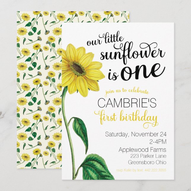 Watercolor Sunflower First Birthday Invitation (Front/Back)