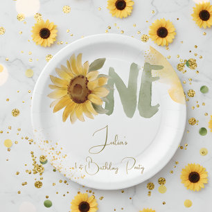 Watercolor sunflower first Birthday Paper Plate