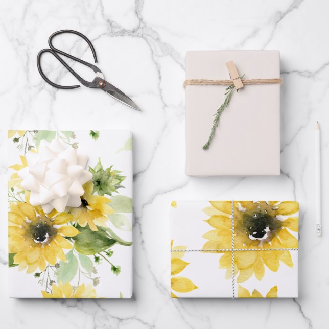 Watercolor Sunflower First Birthday Wrapping Paper Sheet (Front)