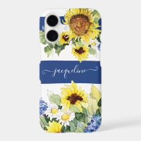 Watercolor Sunflower Floral Blue n White Striped