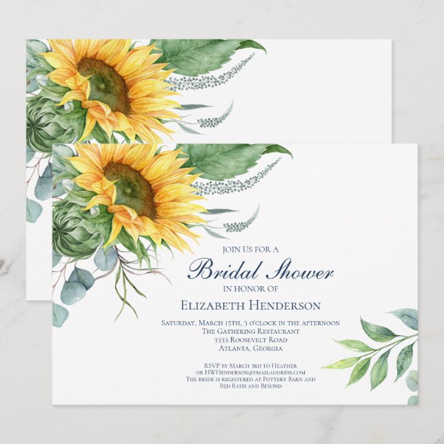 Watercolor Sunflower Floral Bridal Shower  Invitation (Front/Back)