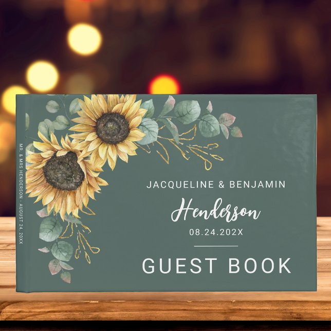 Watercolor Sunflower Floral Eucalyptus Wedding Guest Book (Sunflower Eucalyptus Greenery Wedding Guest Book)