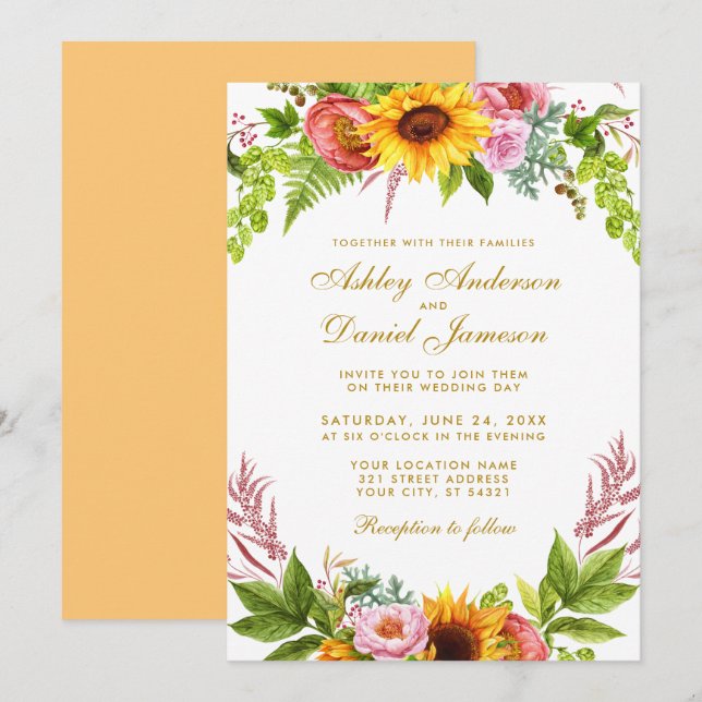 Watercolor Sunflower Floral Gold Wedding Invitation (Front/Back)
