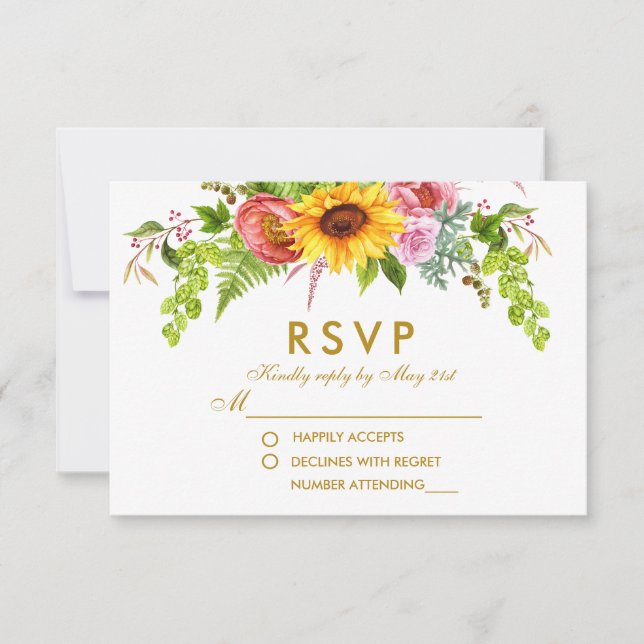 Watercolor Sunflower Floral Gold Wedding RSVP (Front)