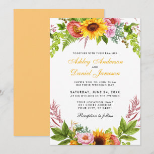 Watercolor Sunflower Floral Golden Yellow Wedding Invitation