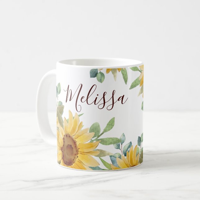 Watercolor Sunflower Floral Monogram Name   Coffee Mug (Front Left)