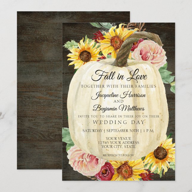 Watercolor Sunflower Floral n Pumpkin Dark Wood Invitation (Front/Back)