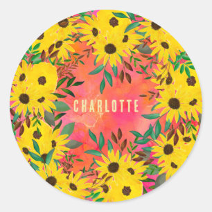Watercolor Sunflower Floral Pattern Pink + Name   Classic Round Sticker