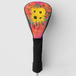 Watercolor Sunflower Floral Pattern Pink + Name  Golf Head Cover