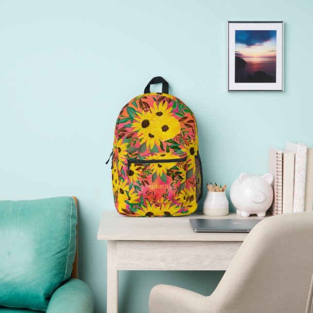 Watercolor Sunflower Floral Pattern Pink + Name  Printed Backpack (Insitu)