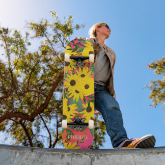 Watercolor Sunflower Floral Pattern Pink + Name Skateboard