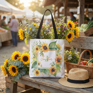 Watercolor Sunflower Floral Personalized Monogram Tote Bag