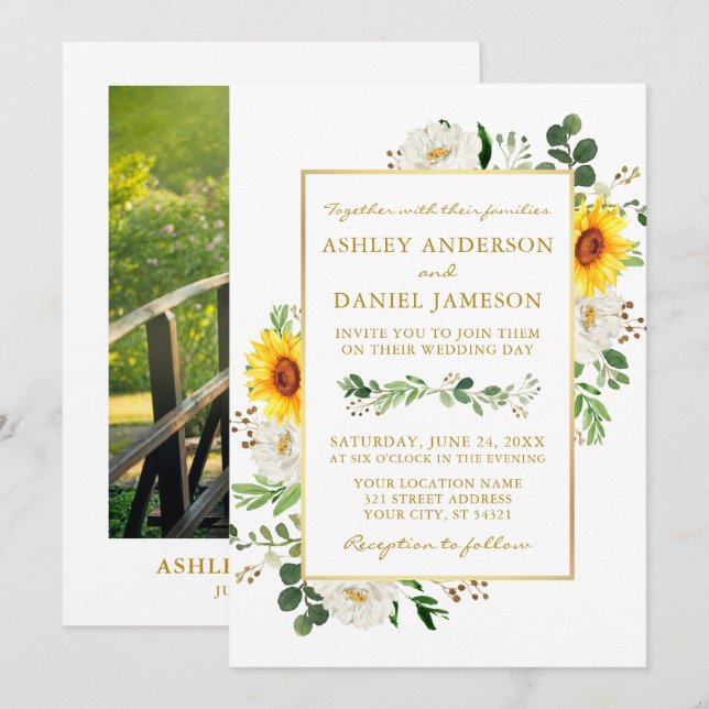 Watercolor Sunflower Floral Photo Gold Wedding Invitation (Front/Back)