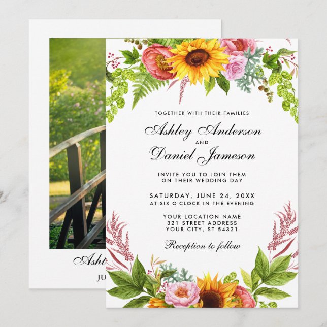 Watercolor Sunflower Floral Photo Wedding Invitation (Front/Back)