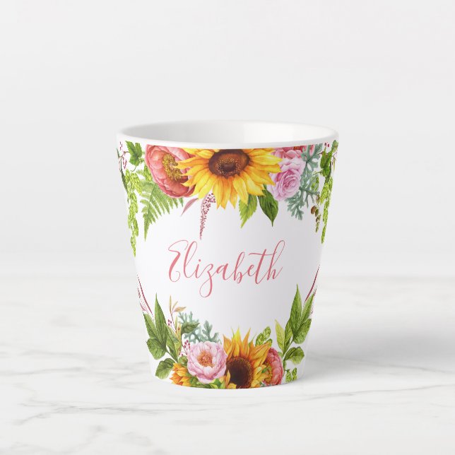 Watercolor Sunflower Floral Pink Name Latte Mug (Front)