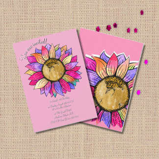 Watercolor Sunflower Floral Pink & Purple Birthday Invitation