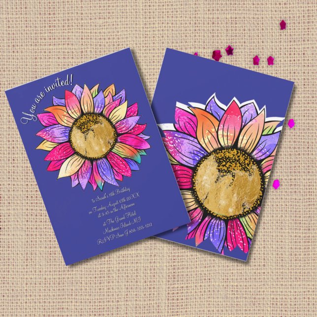 Watercolor Sunflower Floral Purple & Pink Birthday Invitation (Creator Uploaded)