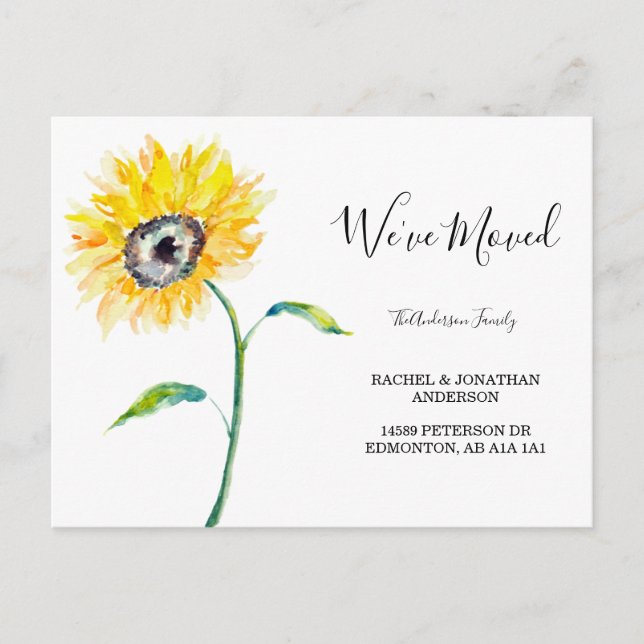 Watercolor Sunflower Floral Simple We've Moved Postcard (Front)