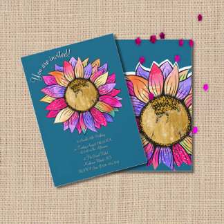 Watercolor Sunflower Floral Teal Pink Birthday Invitation